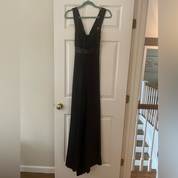 calvin klein- cross back black satin gown with sequin belt-6 - Picture 3 of 7
